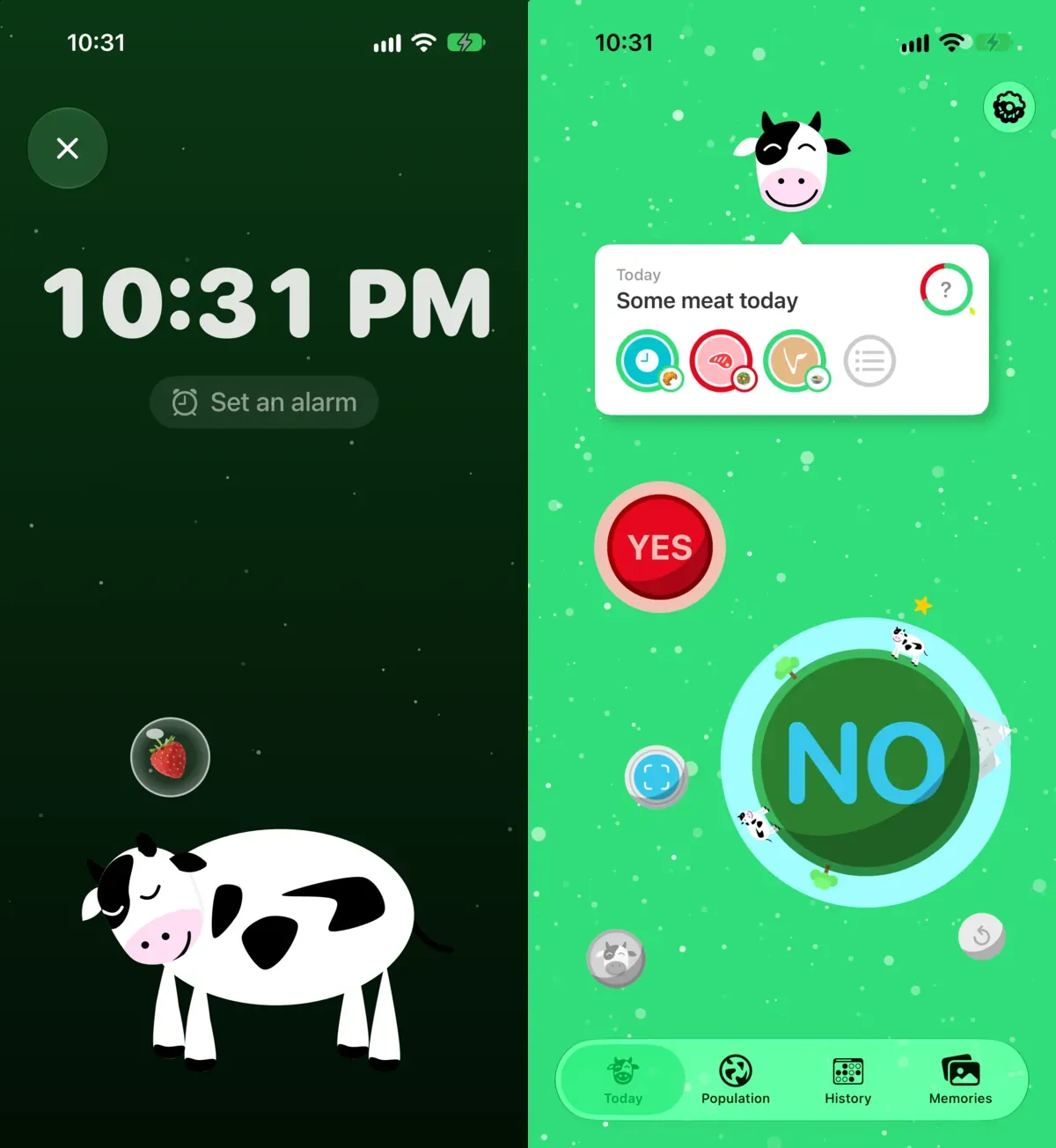 The Bedside Clock at 10:31 PM with Naomi asleep under the time and the × at the top left, and Today with the Settings gear at the top right