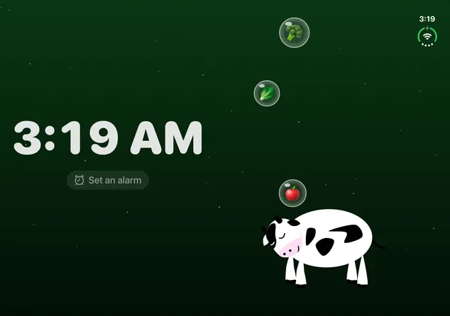 The Bedside Clock on iPhone Duo, half open and held wide: 3:19 AM and Set an alarm on the left page, Naomi asleep and dreaming of broccoli, a leafy green and an apple on the right