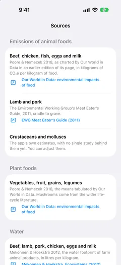 The Sources page listing the study behind each emission factor