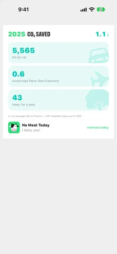 The year poster switched to CO₂: 1.1 tonnes saved, shown as kilometres by car, flights and trees