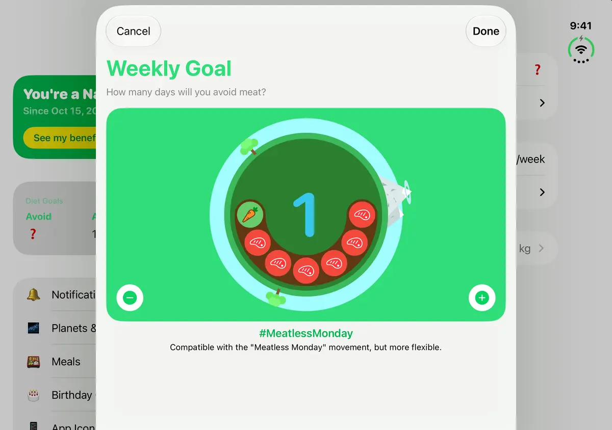 No Meat Today Weekly goal, iPhone Duo Open landscape