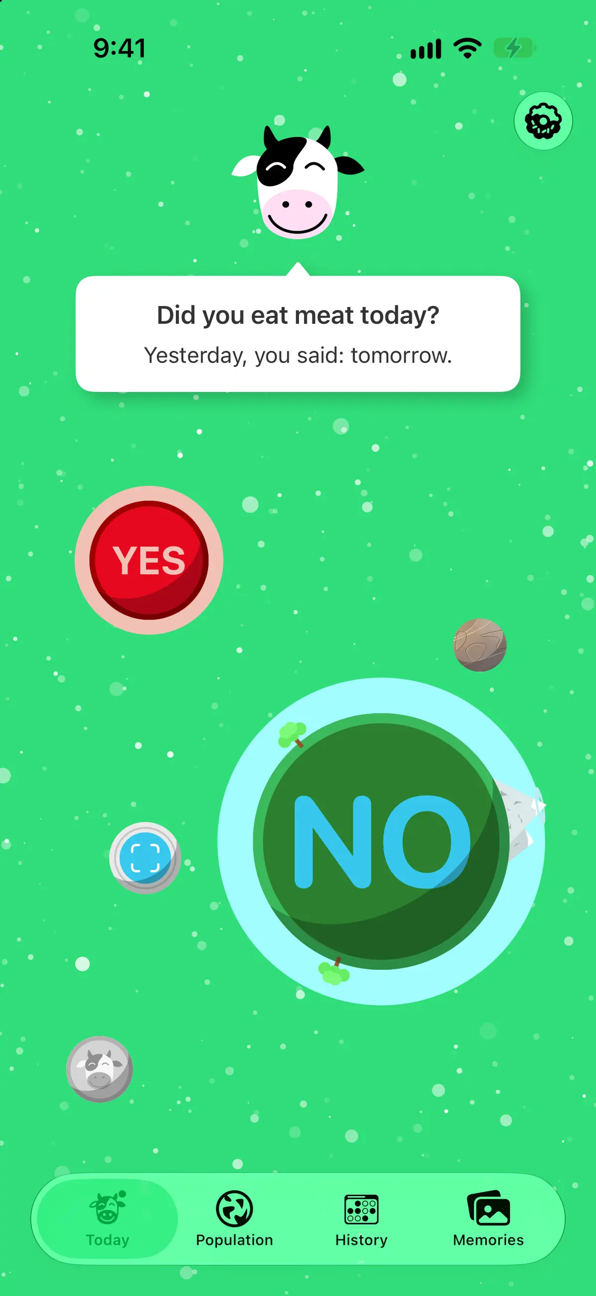 Today: Naomi the cow asks “Did you eat meat today?” above the YES button and the green NO planet, with the camera moon in orbit