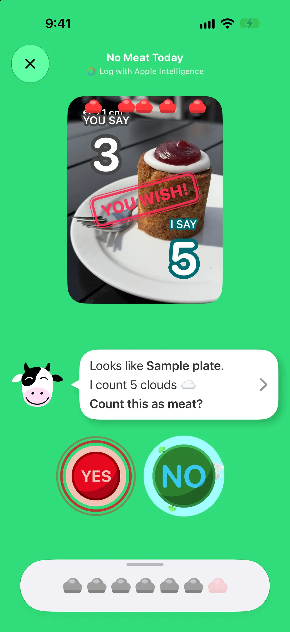 Meal scanning: a photographed plate, the guess game (you say 3, Naomi says 5 clouds) and the cloud meter under the YES/NO answer