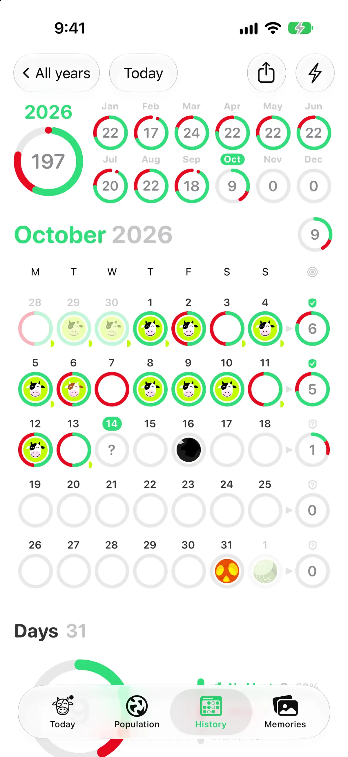 History: October 2026 calendar with a ring per day, meatless days in green, a month total of 9 meat-free days