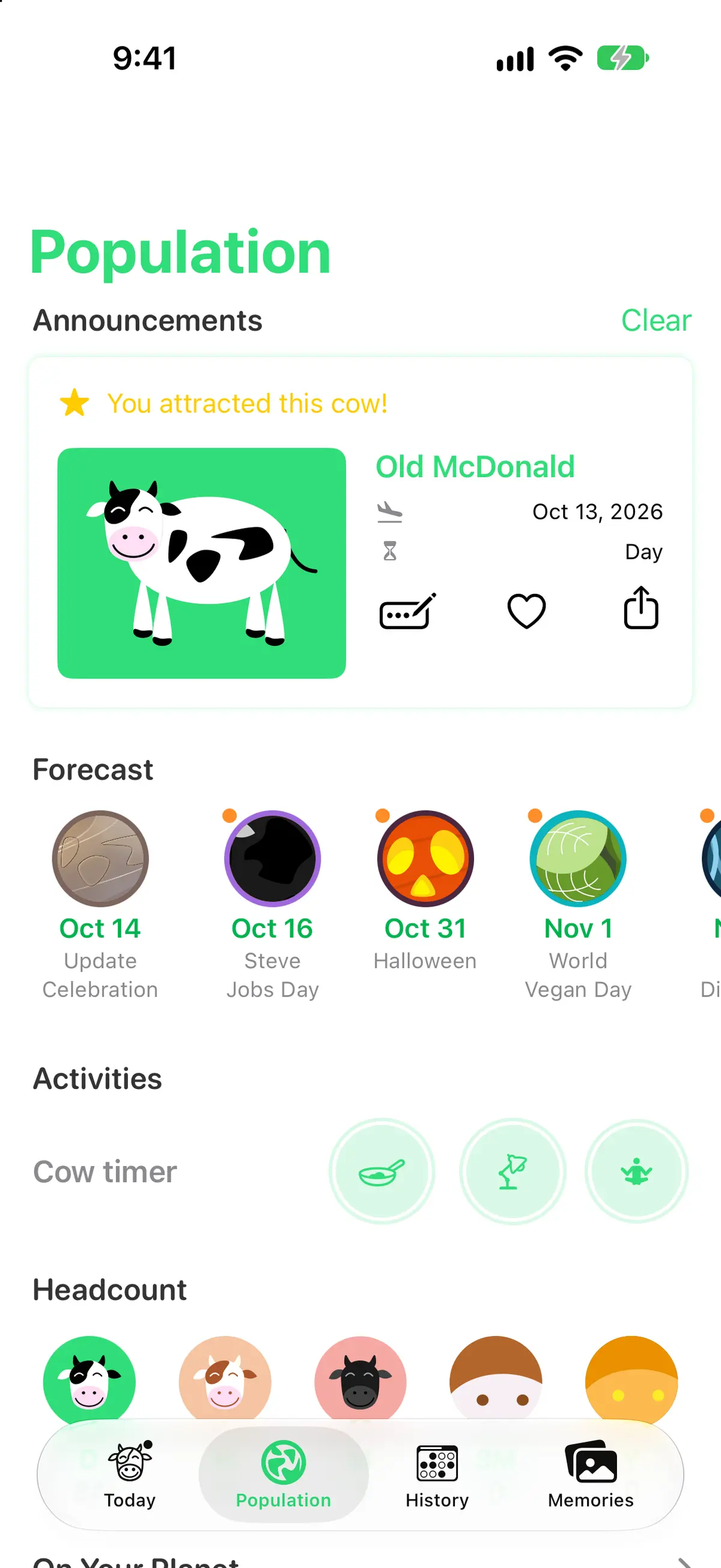 Population: a newly attracted cow named Old McDonald, the forecast of upcoming cowlidays and the headcount