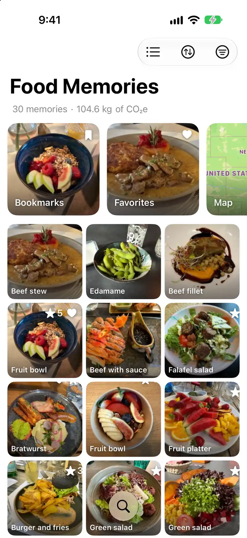 Memories: thirty cards, one per day, for the plates photographed — beef stew, bratwurst, burgers, salads, fruit bowls, edamame — with Bookmarks, Favorites and Map piles on top
