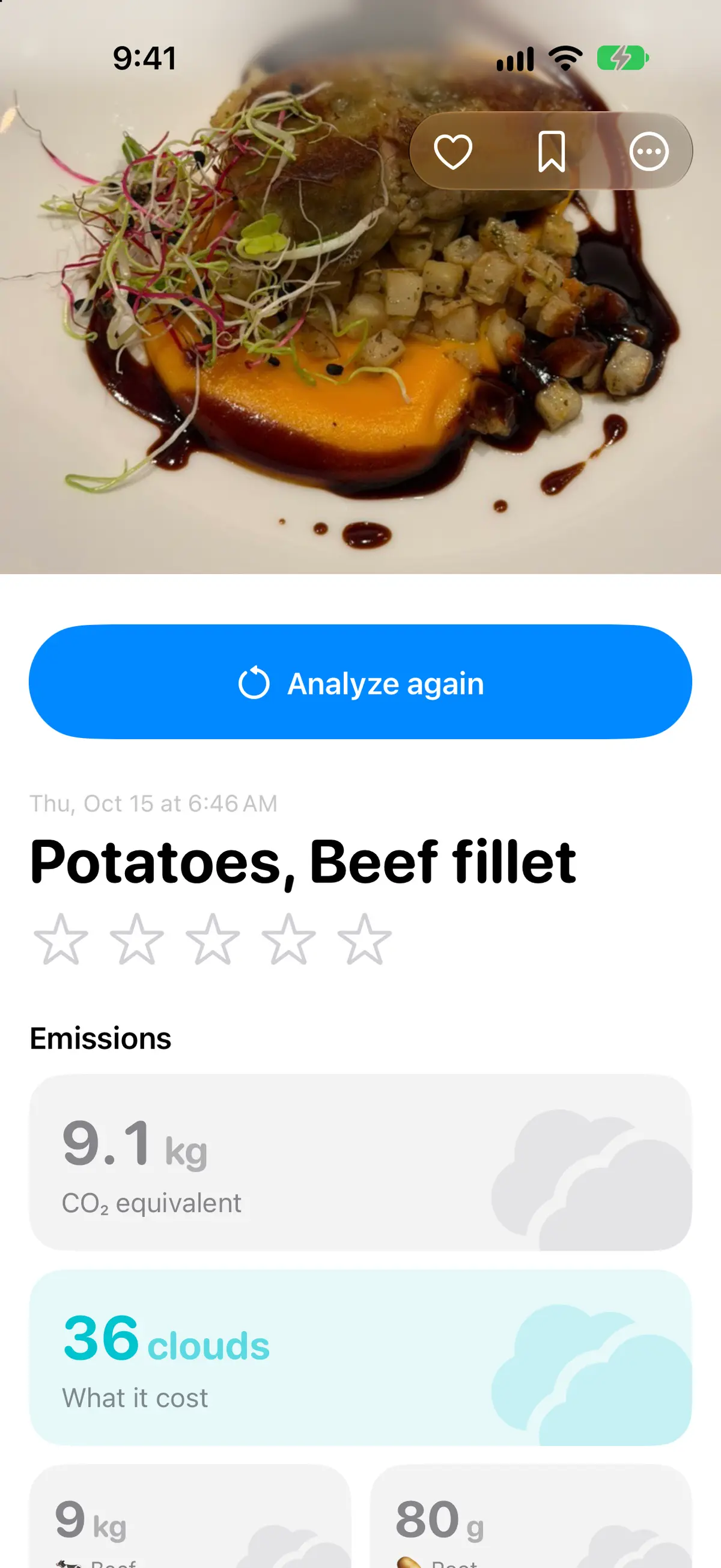 A memory’s own page: a photographed beef fillet, its emissions in kg of CO₂e and in clouds, and Analyze again