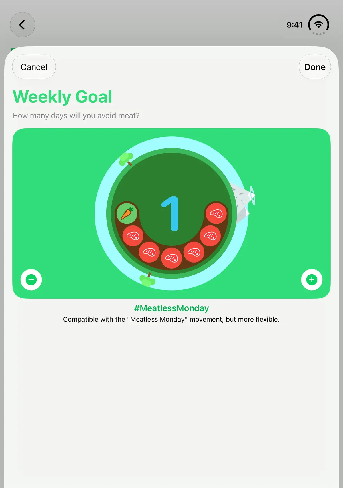 iPhone Duo, fully open: the weekly goal picker set to one meatless day