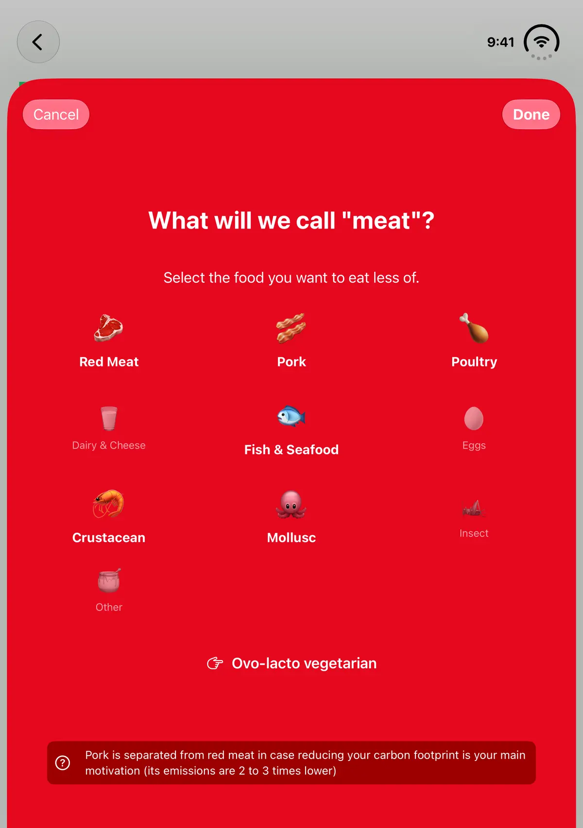iPhone Duo, fully open: “What will we call meat?”, the diet picker with red meat, pork, poultry, dairy, fish, eggs, crustaceans, molluscs, insects and other