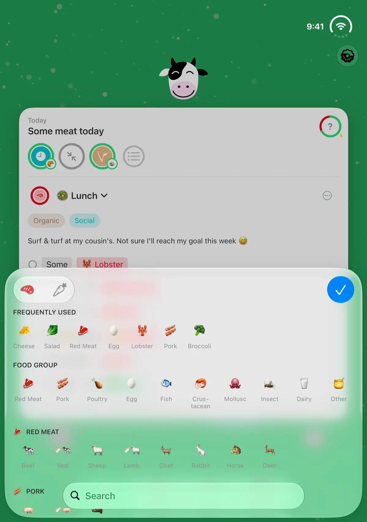 iPhone Duo, fully open: the food picker with frequently used foods and food groups